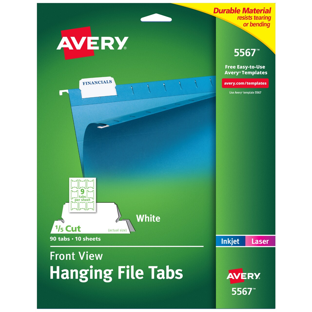 Avery Printable Hanging File Folder Tabs, 1/5 Cut, White, 90 Total (8211)